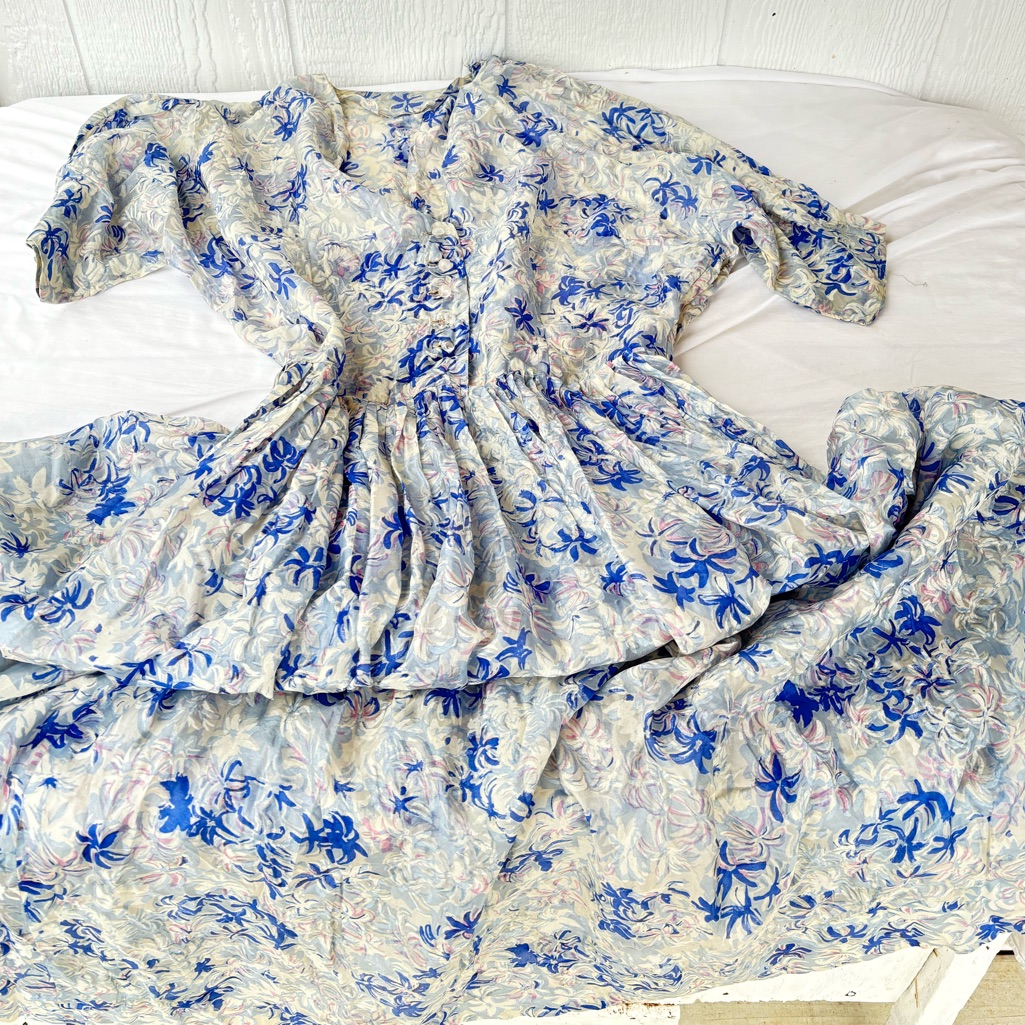 Vintage 1940s Semi Sheer Silk Floral Petal Print Dress